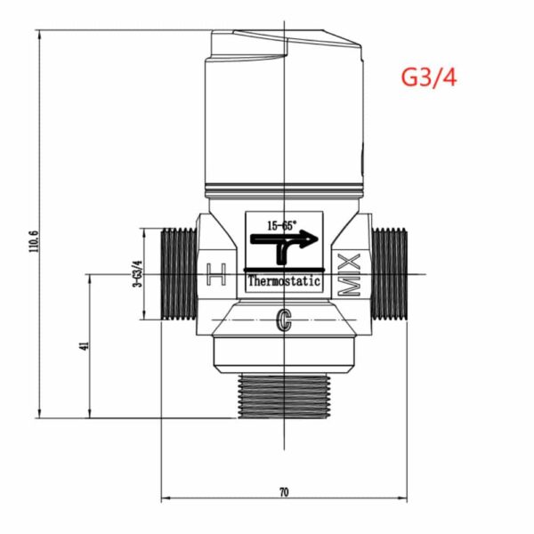 size HFT40023Z-01 Side Outlet Thermostatic Valve, G3/4